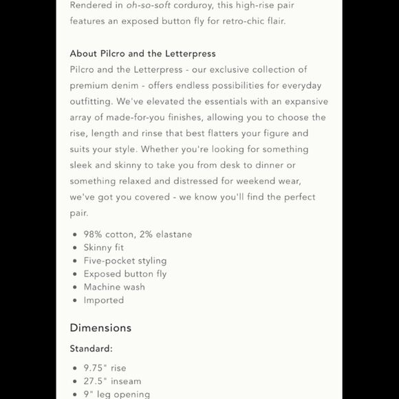 NWT Pilcro skinny high rise corduroy pants - Picture 3 of 5